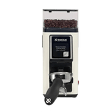The Rancilio Stile SD Espresso Coffee Grinder (White) by Rancilio features a digital display, filled bean hopper, and attached portafilter, delivering precise grinding against a plain background.