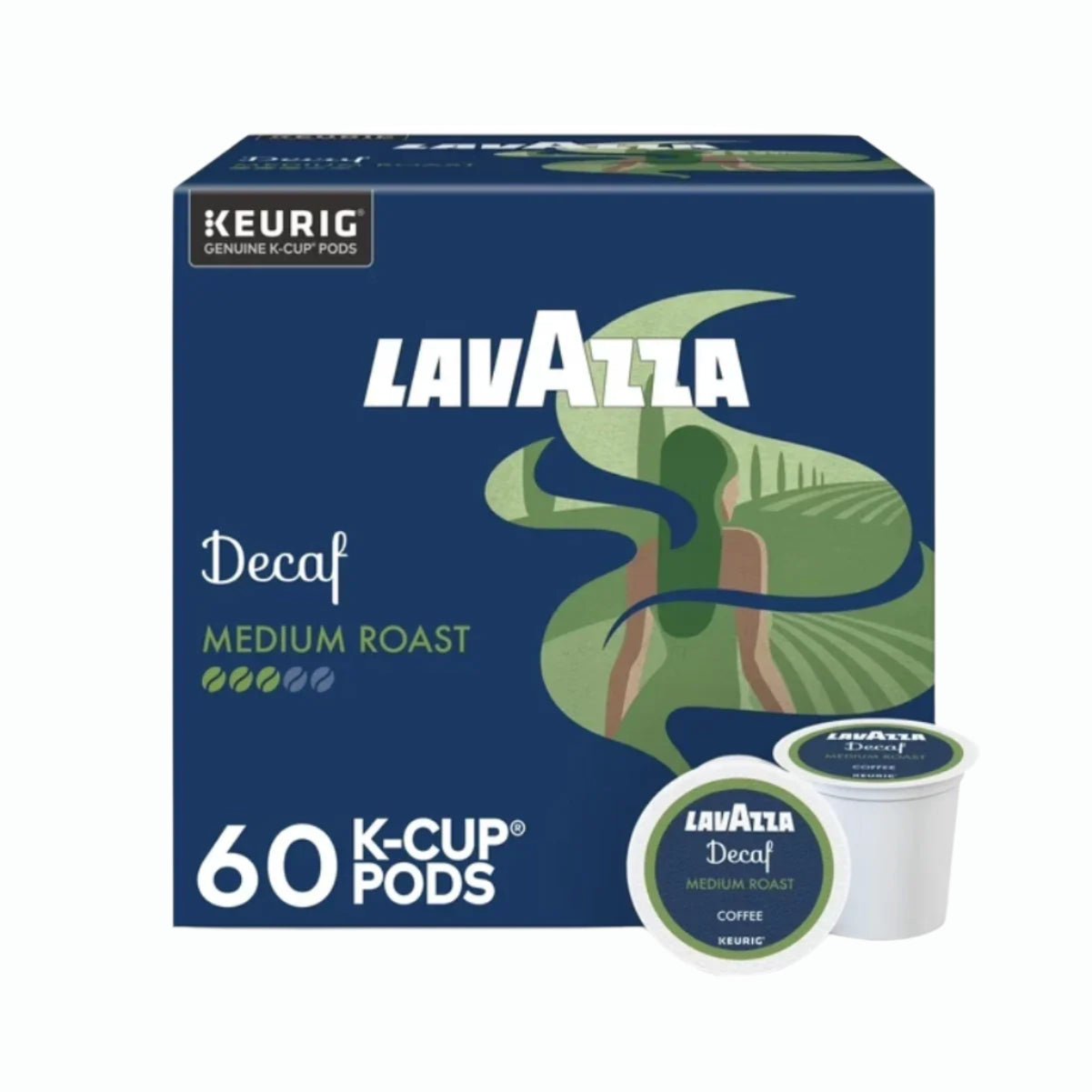 Lavazza Decaf Medium Roast K-Cup® Pods (Case of 60) by Lavazza. Packaging displays green and blue abstract art of a person in a landscape, with the Lavazza logo and product details.