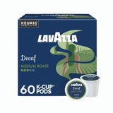 Lavazza Decaf Medium Roast K-Cup® Pods (Case of 60) by Lavazza. Packaging displays green and blue abstract art of a person in a landscape, with the Lavazza logo and product details.