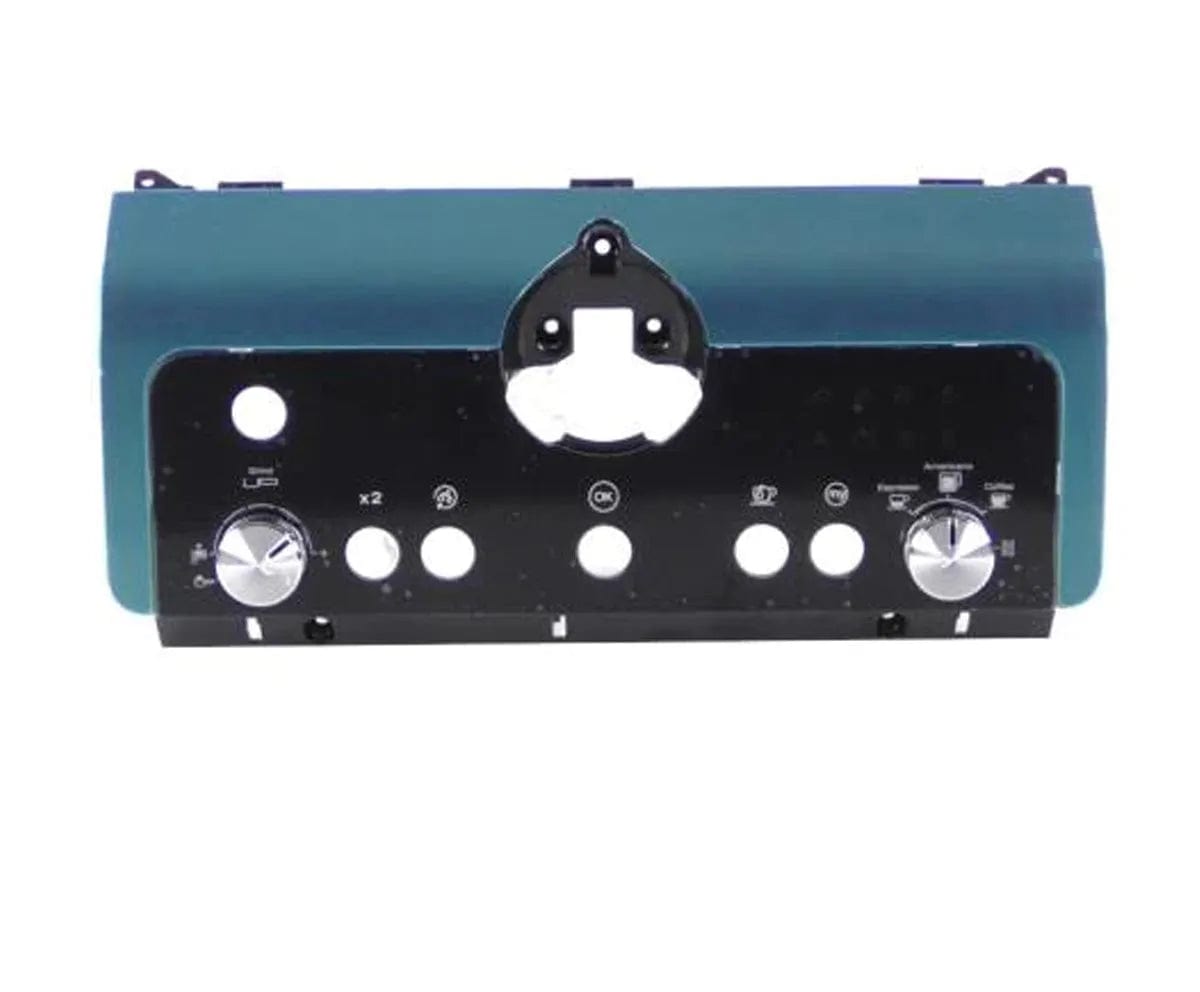 A rectangular black metal control panel, similar to the Delonghi Parts: Display Screen without Board AS00001505 by DeLonghi, features two large silver knobs on either side and multiple small buttons and markings in between. The top part is teal with a circular cutout in the middle for mounting. Buttons and icons are arranged symmetrically.