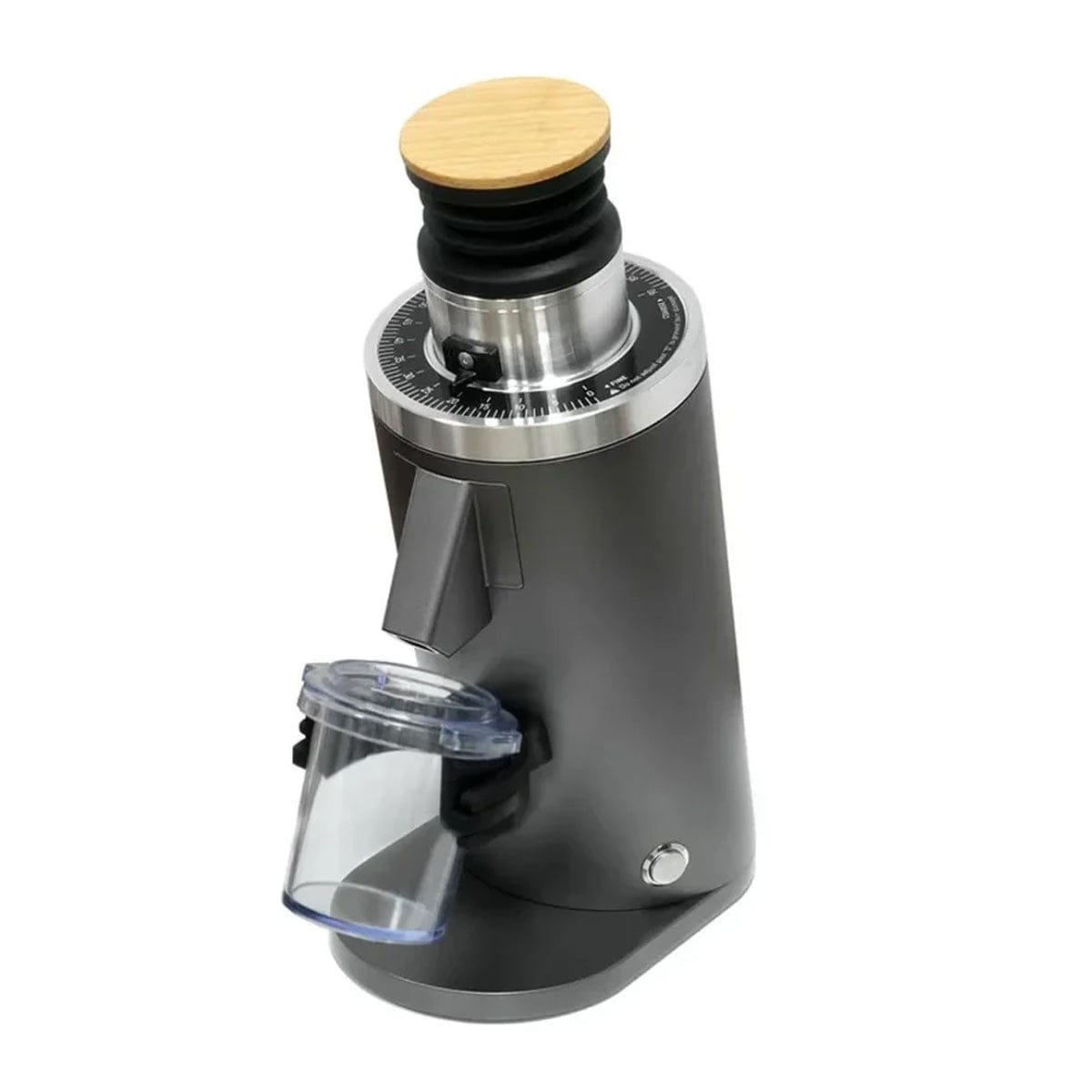 The DF Grinders' DF54 Single Dose Coffee Grinder Grey boasts a sleek, modern design with a black and silver finish, wooden top dial, and transparent container. Perfect for espresso enthusiasts, its ultra-low retention stands out beautifully against a white background.