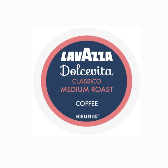 A round Lavazza Dolcevita Classico Medium Roast K-Cup® Pod (Case of 60) displays a navy blue center, vibrant pink outer ring, and white and pink text.