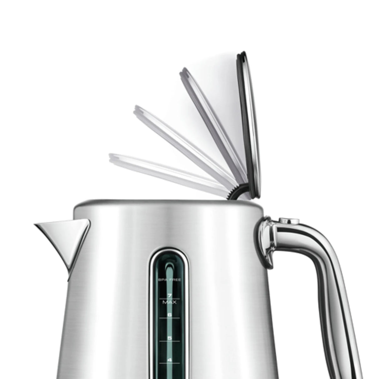 The Breville the Smart Kettle Luxe 1.7L BKE845BSS (Brushed Stainless Steel) features a transparent water level window and a hinged lid shown in various open positions against a white background.