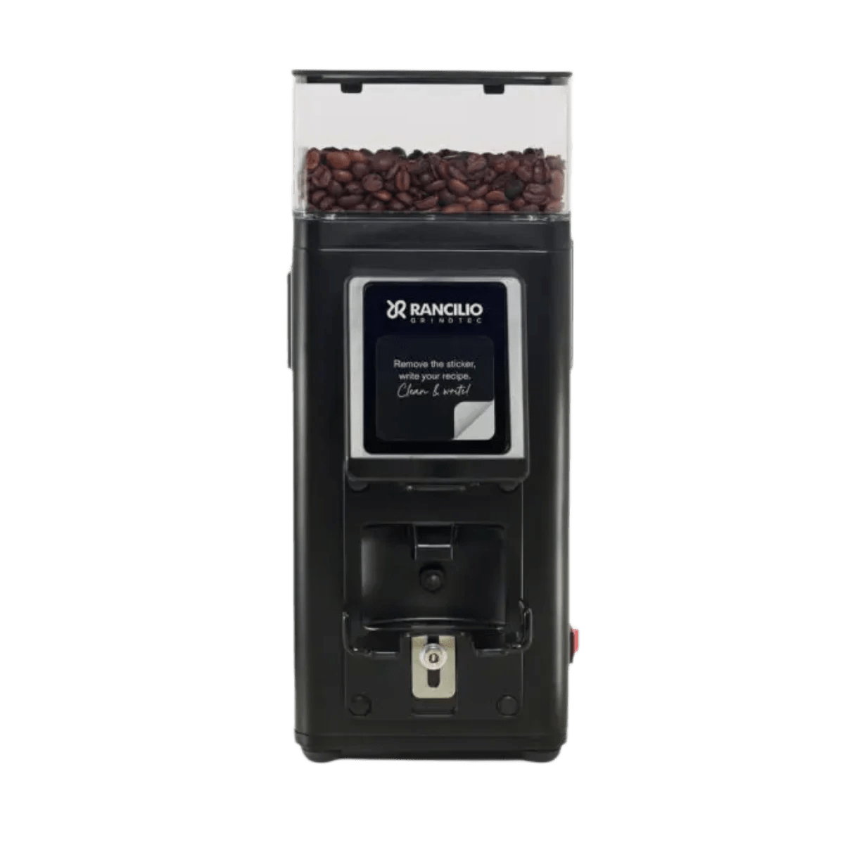 The Rancilio Stile SD Espresso Coffee Grinder (Black) features a clear bean hopper, digital display, flat burrs for precise grinding, and a stainless steel dosing spout at the front.