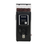 The Rancilio Stile SD Espresso Coffee Grinder (Black) features a clear bean hopper, digital display, flat burrs for precise grinding, and a stainless steel dosing spout at the front.
