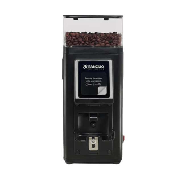 The Rancilio Stile SD Espresso Coffee Grinder (Black) features a clear bean hopper, digital display, flat burrs for precise grinding, and a stainless steel dosing spout at the front.