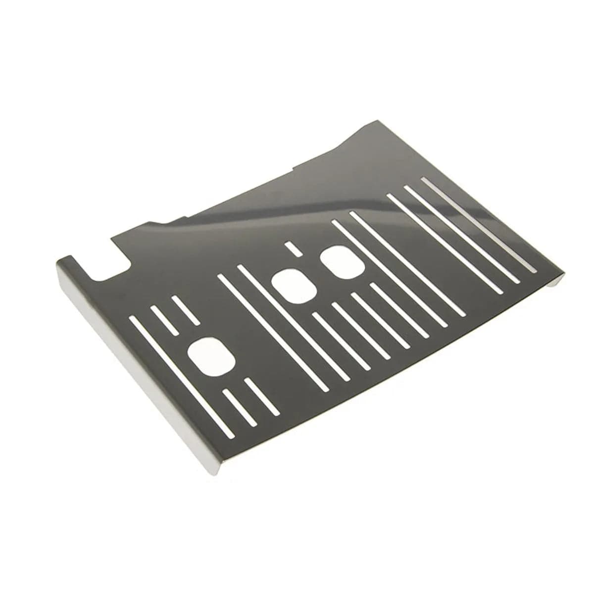 The DeLonghi Drip Tray Cover (6013214711) is a metallic, rectangular part with rectangular and oval cutouts and raised edges on two sides, designed for appliances like the Dinamica or Dinamica Plus.