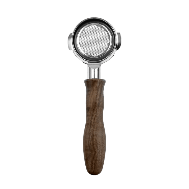 The HCS Bottomless Portafilter (Brown Wood) by HCS features a round mesh filter and a wooden handle, displayed against a black background.