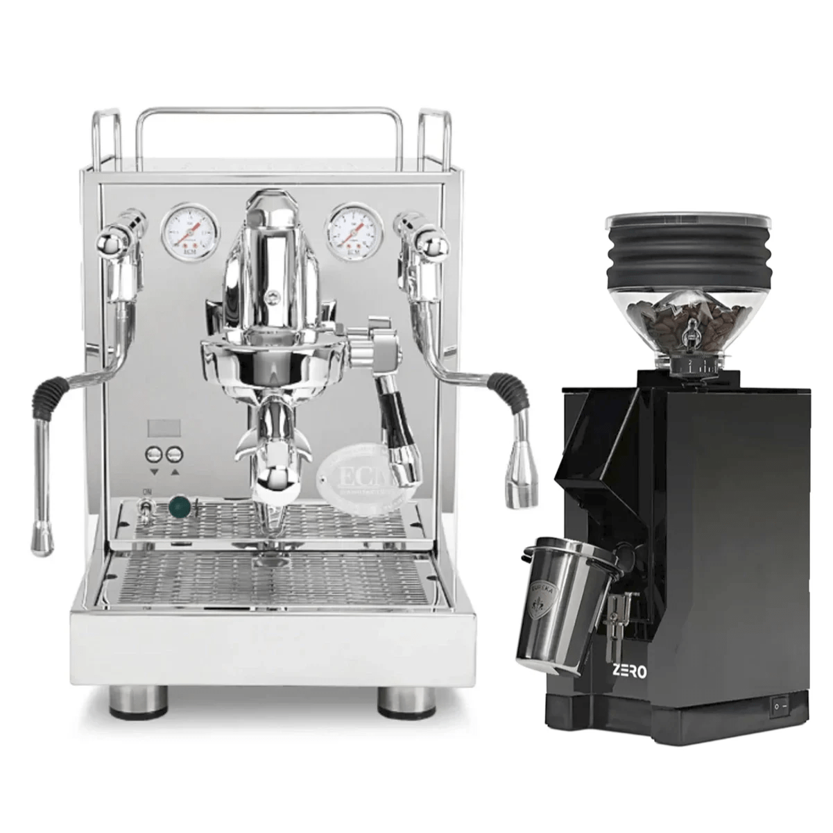 The ECM Mechanika Max Espresso Machine with dual steam wands sits next to the black Eureka Zero Grinder (black spout) in this ECM bundle, featuring dials, a portafilter, clear bean hopper, and grounds catcher.