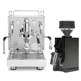 The ECM Mechanika Max Espresso Machine with dual steam wands sits next to the black Eureka Zero Grinder (black spout) in this ECM bundle, featuring dials, a portafilter, clear bean hopper, and grounds catcher.