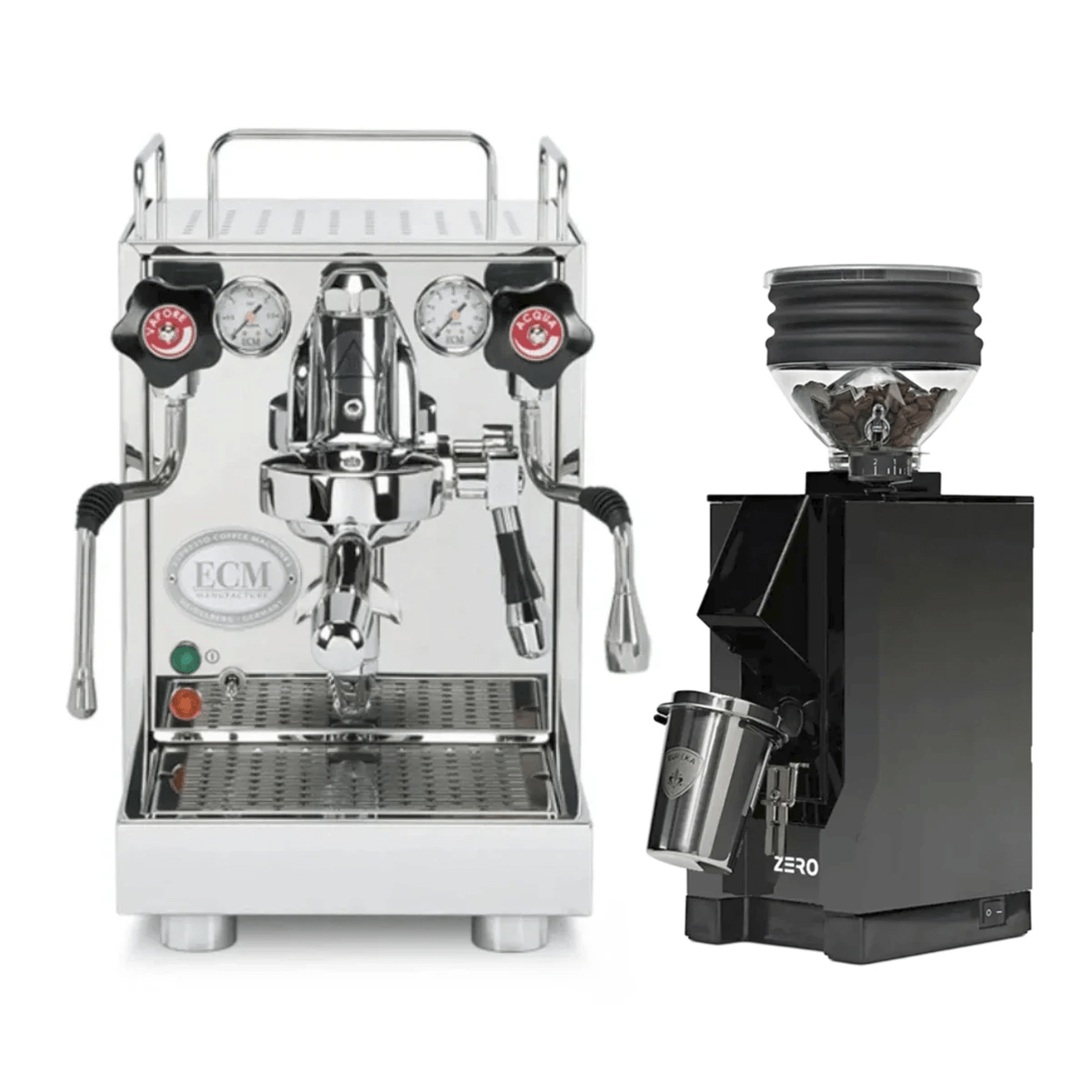 The ECM Mechanika VI Slim Espresso Machine and Eureka Mignon Zero Grinder (Black with Black Spout) bundle from ECM is displayed against a white background, featuring dual gauges and a sleek grinder filled with coffee beans.