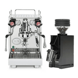 The ECM Mechanika VI Slim Espresso Machine and Eureka Mignon Zero Grinder (Black with Black Spout) bundle from ECM is displayed against a white background, featuring dual gauges and a sleek grinder filled with coffee beans.