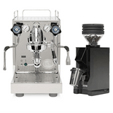 An ECM Mechanika Slim w/ PID Espresso Machine stands beside a black Eureka Mignon Zero Grinder with black spout, both part of the ECM bundle. The grinder’s clear hopper is filled with coffee beans.