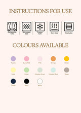 An instruction chart featuring icons indicating that the Loveramics 250ml Embossed Tasting Cup (Pink) by Loveramics is dishwasher, microwave, freezer, oven safe, and stackable. Includes a selection of color swatches labeled: Purple, Dusty Pink, Pink, Orange, Yellow, Sand, Green, Celadon Green, Celadon Blue, Taupe, Cobalt, Black, and White. Perfect for displaying your latte art or creating an impressive Loveramics embossed coffee cup collection—ideal for coffee enthusiasts.
