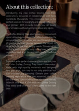A blurred background shows coffee cups and hands, with overlaid text highlighting the Loveramics Coffee Dosing Tray Set of 2 in Matte Dark Green—an essential coffee grinder accessory designed in collaboration with industry expert James Hoffmann, featuring precise coffee weighing and effortless pouring.