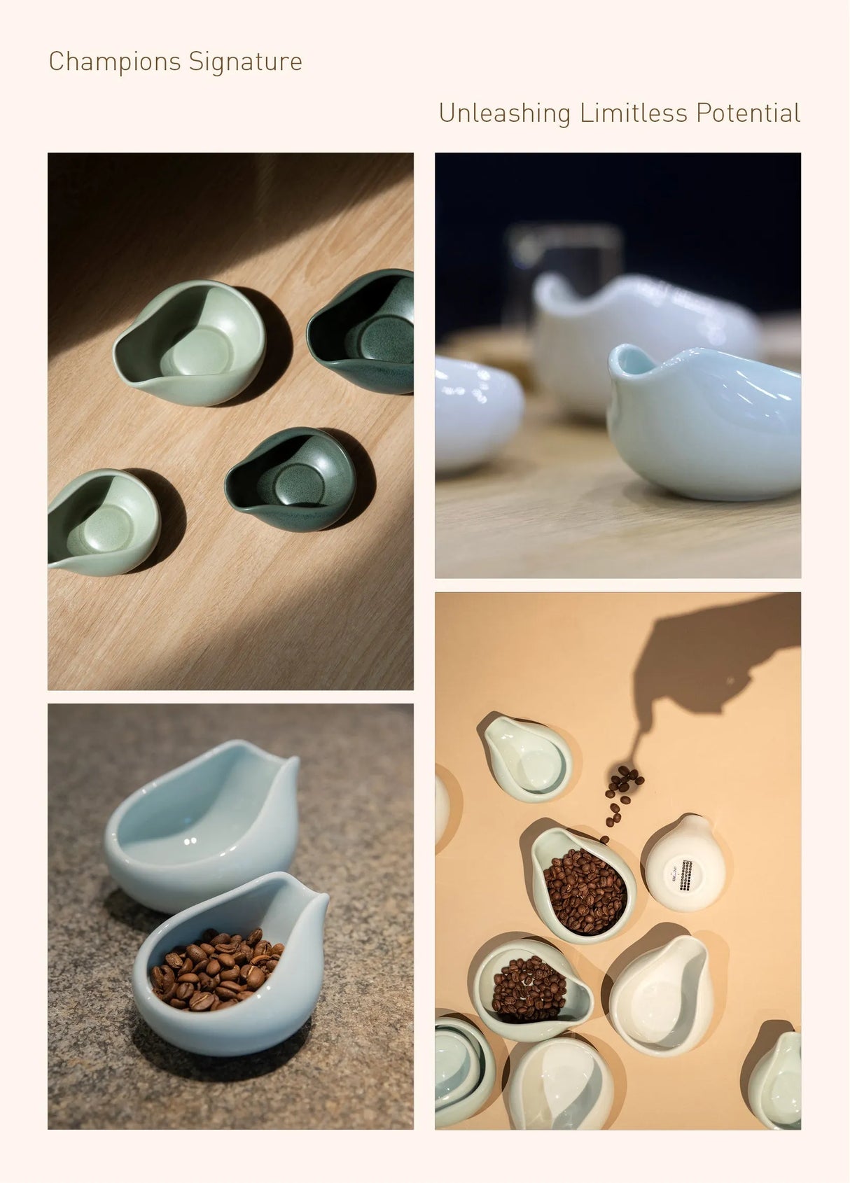 A selection of Loveramics ceramic cups and dishes, including some filled with coffee beans, are displayed on wooden and stone surfaces next to the Loveramics Coffee Dosing Tray Set of 2 (Matte Dark Green), inspired by James Hoffmann. The text reads “Champions Signature” and “Unleashing Limitless Potential.”.