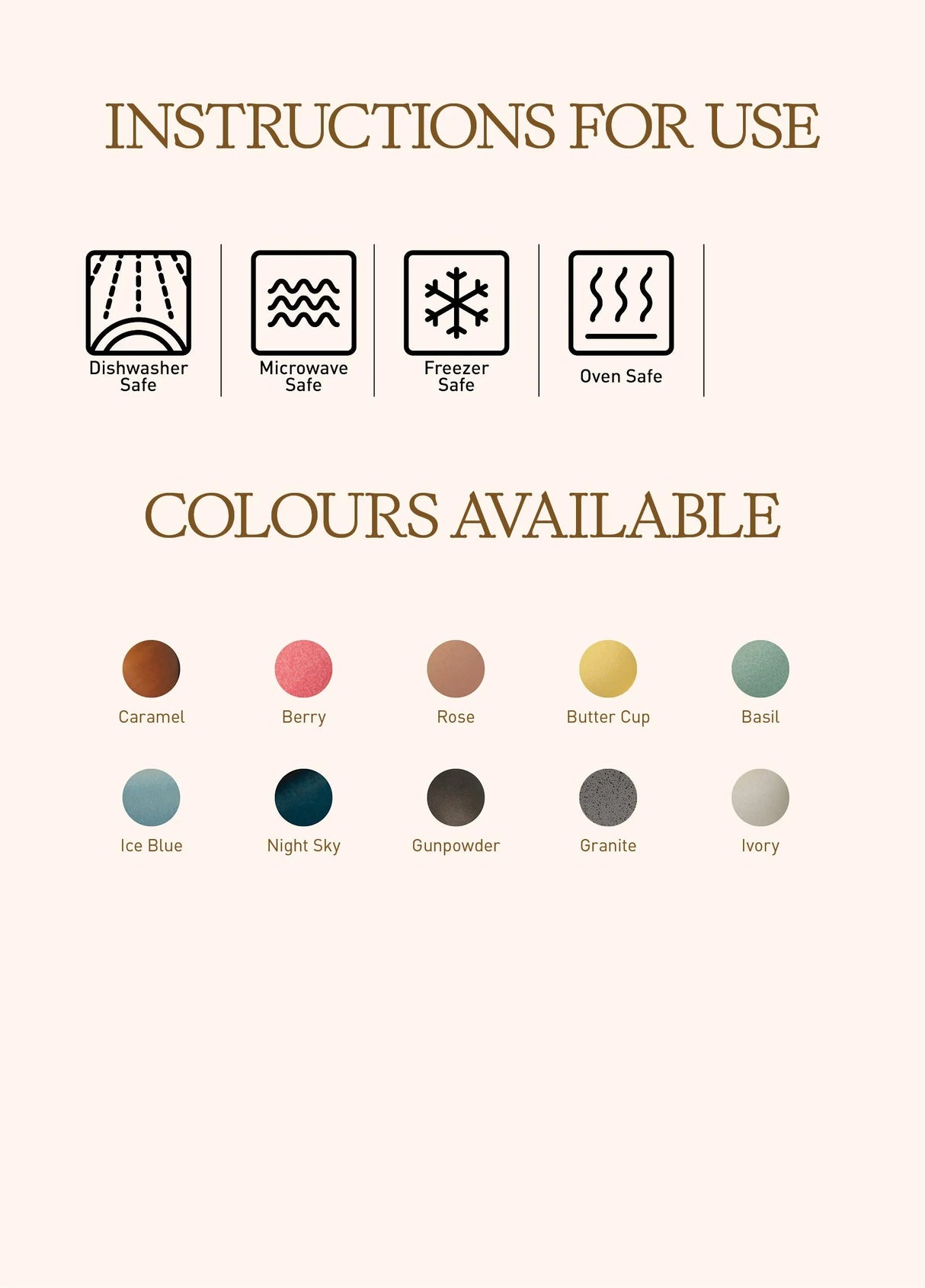 Four icons indicate that the Loveramics Egg 300ml Latte Cup and Saucer (Potters Granite) is dishwasher, microwave, freezer, and oven safe. Beneath these icons are ten color swatches labeled: Caramel, Berry, Rose, Butter Cup, Basil, Ice Blue, Night Sky, Gunpowder, Granite (the featured Potters Granite), and Ivory—each crafted in Loveramics’ signature Potters Colours from the Egg Latte Cup range as showcased in the World Latte Art Championship cup collection.