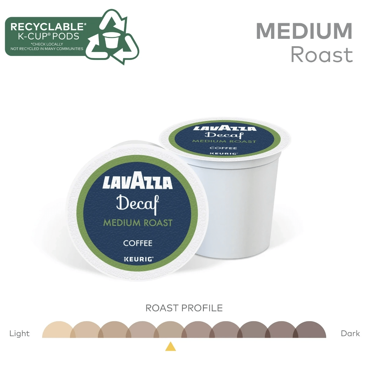 Two recyclable Lavazza Decaf Medium Roast K-Cup® Pods (Case of 10) are shown—one upright, one tilted forward. A roast profile bar at the bottom shows a rich medium roast shade, with the recyclable symbol at the top left.