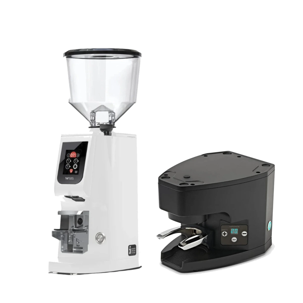 Eureka Atom W 65 Grinder (White) & Eureka Under-the-Grinder Automatic Tamper for Atom (Black) Bundle Coffee Grinder Eureka