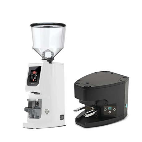 Eureka Atom W 65 Grinder (White) & Eureka Under-the-Grinder Automatic Tamper for Atom (Black) Bundle Coffee Grinder Eureka