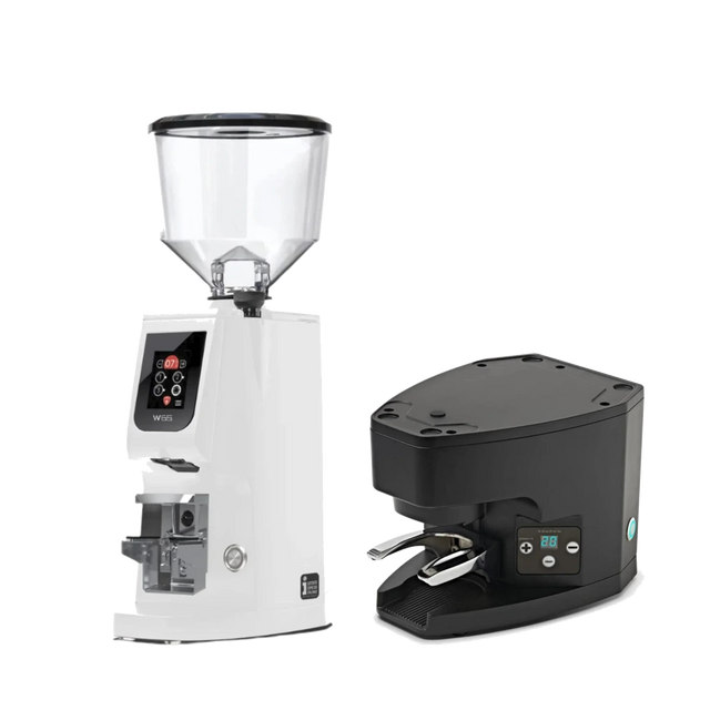 Eureka Atom W 65 Grinder (White) & Eureka Under-the-Grinder Automatic Tamper for Atom (Black) Bundle Coffee Grinder Eureka
