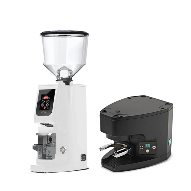 Eureka Atom W 75 Coffee Grinder (White) & Eureka Under-the-Grinder Automatic Tamper for Atom (Black) Bundle Coffee Grinder Eureka