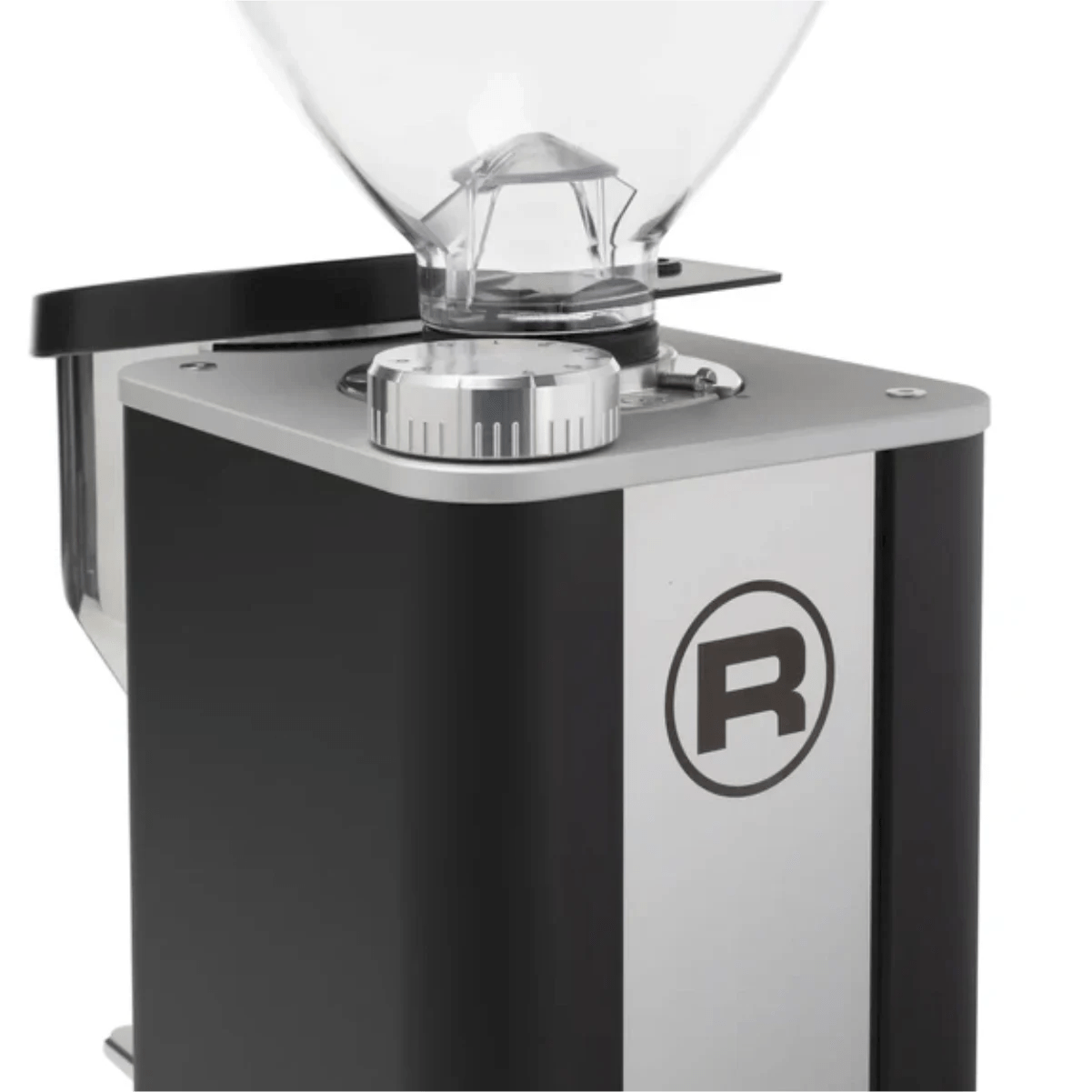 Close-up of the Rocket Giannino Coffee Grinder R01RG099B3A12 by Rocket, featuring a clear hopper, metallic micrometric grind adjustment dial, bold "R" logo, and a sleek black-stainless steel design.
