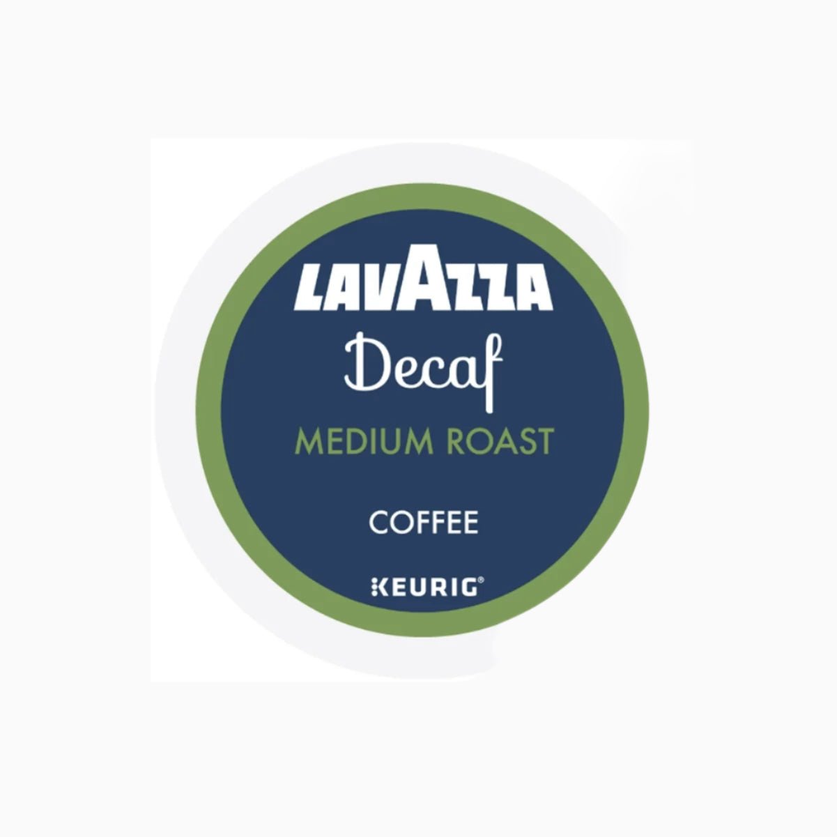Lavazza Decaf Medium Roast K-Cup® Pods (Case of 10) by Lavazza, designed for Keurig machines, come in packaging with a blue and green label featuring the Lavazza logo and product details against a white background.