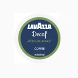 Lavazza Decaf Medium Roast K-Cup® Pods (Case of 10) by Lavazza, designed for Keurig machines, come in packaging with a blue and green label featuring the Lavazza logo and product details against a white background.