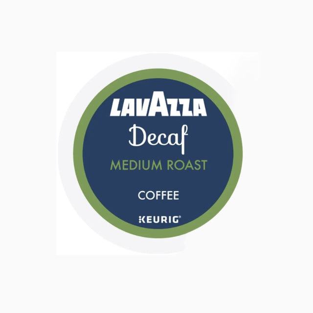Lavazza Decaf Medium Roast K-Cup® Pods (Case of 60) by Lavazza feature a dark blue label with white and green text on each circular pod, compatible with Keurig brewers.