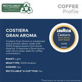 Discover Lavazza Costiera Gran Aroma Light Roast K-Cup® Pods (Case of 10): 100% Arabica, kosher, recyclable, and featuring floral and citrus notes. Icons included. Recycling available in select locations.