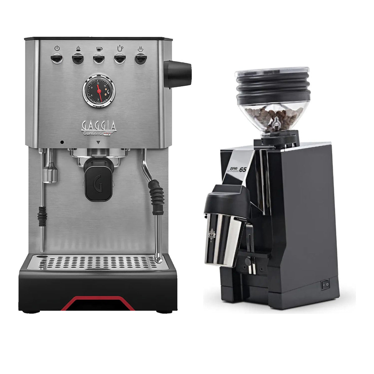 Gaggia Classic GT Stainless Steel & Eureka Mignon Zero 65 All Purpose (Black) Grinder Bundle Espresso Machine (Prosumer) Gaggia