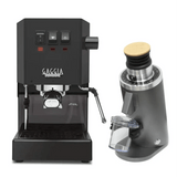 A Gaggia CYBER BUNDLE with a black Gaggia Classic E24 Espresso Machine and grey DF54 Grinder (with a wooden knob and clear grounds container) is displayed side by side.