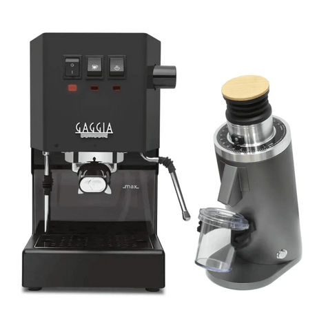 A Gaggia CYBER BUNDLE with a black Gaggia Classic E24 Espresso Machine and grey DF54 Grinder (with a wooden knob and clear grounds container) is displayed side by side.