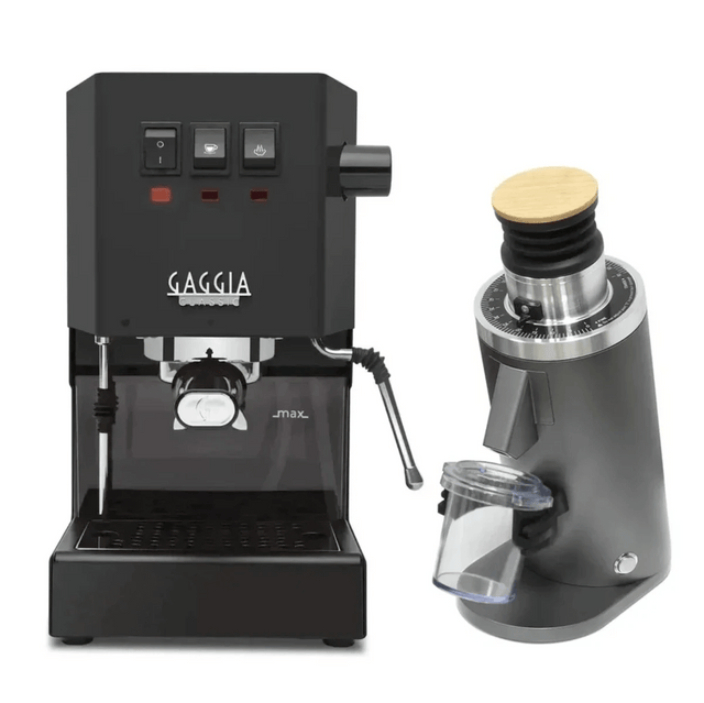 A Gaggia CYBER BUNDLE with a black Gaggia Classic E24 Espresso Machine and grey DF54 Grinder (with a wooden knob and clear grounds container) is displayed side by side.