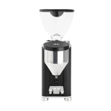 The Rocket Giannino Coffee Grinder RG099B3L12 by Rocket features a modern black and wood design, flat burrs, clear bean hopper, micrometric grind adjustment, stainless steel chamber, shown front-facing on a white background.