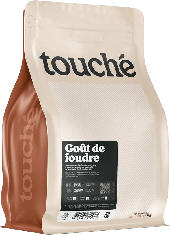 A beige and brown upright 1 kg bag of Cafe Touche Gout de Foudre Whole Bean Coffee features bold black Cafe Touche branding and product details on the front. This organic medium roast coffee is attractively packaged and clearly labeled.