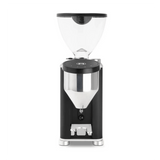 The Rocket Giannino Coffee Grinder R01RG099B3A12 by Rocket features a clear top hopper, black and stainless steel body, metallic ground coffee chute, and micrometric grind adjustment, shown on a plain white background.
