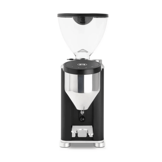 The Rocket Giannino Coffee Grinder R01RG099B3A12 by Rocket features a clear top hopper, black and stainless steel body, metallic ground coffee chute, and micrometric grind adjustment, shown on a plain white background.