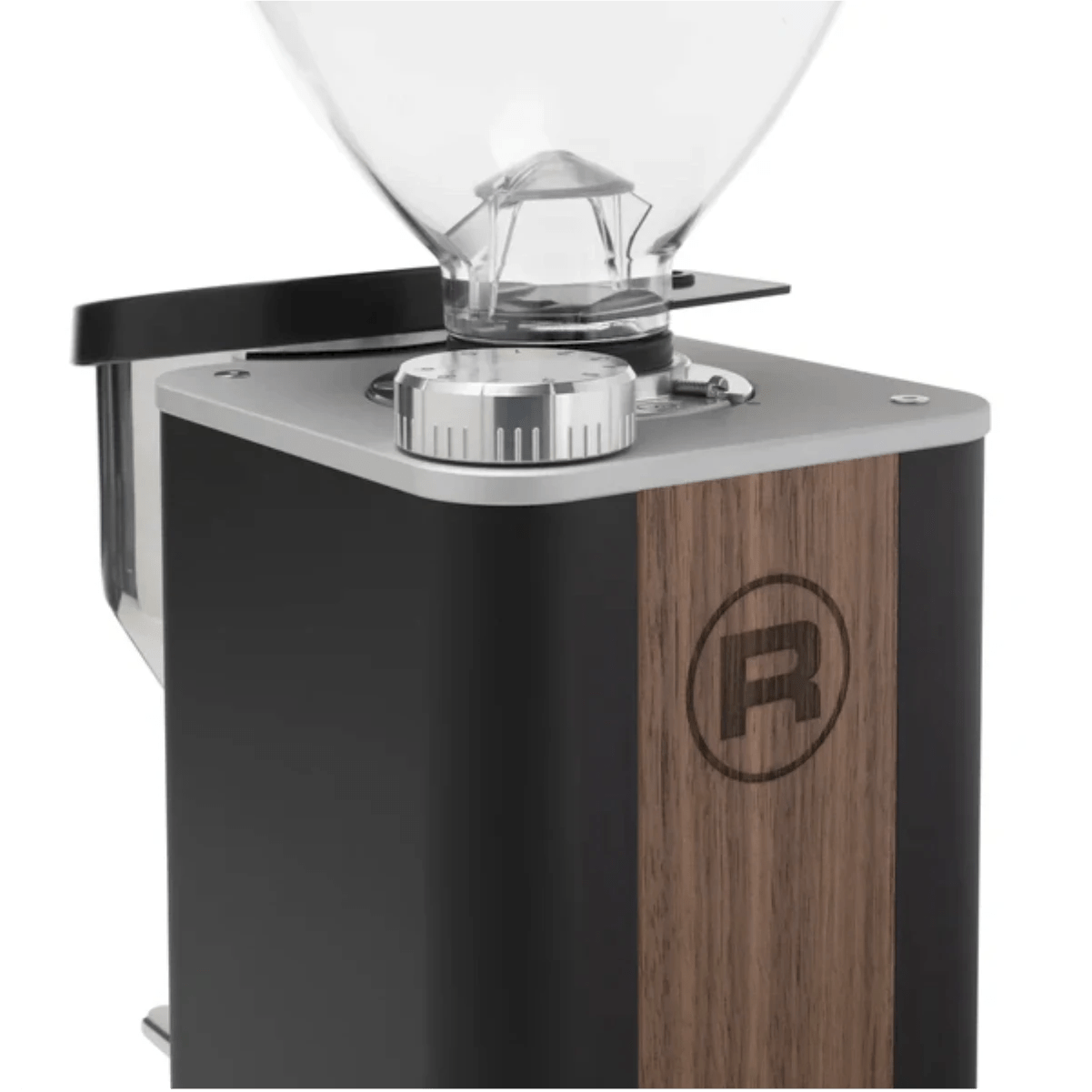 A close-up of the Rocket Giannino Coffee Grinder R01RG099B3L12 (Black-Wood) by Rocket, featuring a clear bean hopper, micrometric grind adjustment dial, and a side wooden panel with a circular "R" logo.