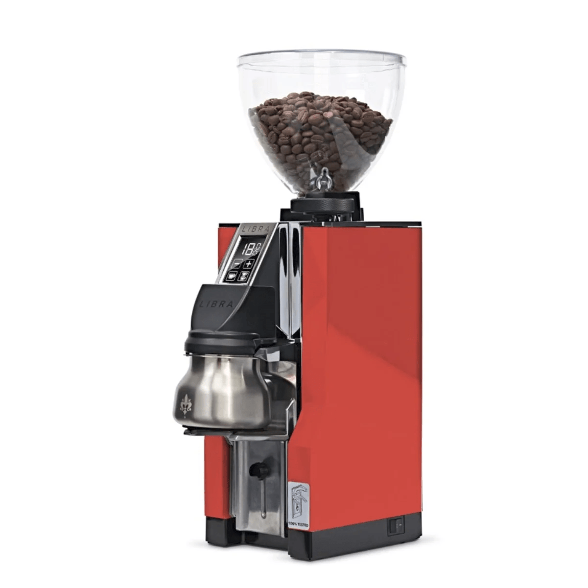 A red Eureka Mignon Libra 65 All Purpose Grinder by Eureka, with a clear hopper of coffee beans, digital display, precise grind size control, and a stainless steel base container—shown on a white background.