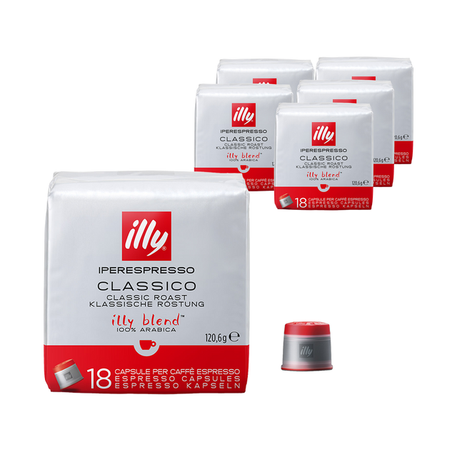 Illy Iperespresso Classico Medium Espresso Capsules case of 108: six 18-count packs and a capsule
