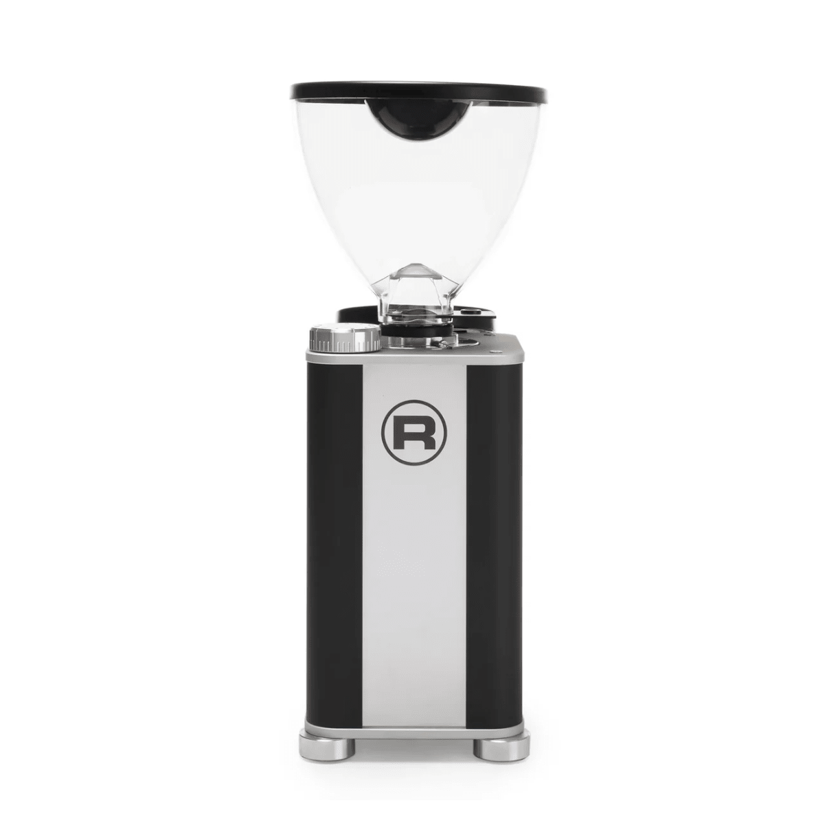 The Rocket Giannino Coffee Grinder R01RG099B3A12 by Rocket features a transparent bean hopper, black-stainless steel rectangular body, micrometric grind adjustment, and a circular "R" logo on the front, shown against a white background with a green border.