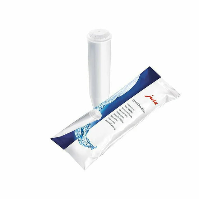 The Jura Claris Pro White Filter J0168653, a white cylindrical water filter cartridge, stands upright beside its packaging—white with blue water graphics and the "Jura" brand displayed in red text. Specially designed for Impressa X-Series machines, this filter ensures optimal water quality for your coffee.