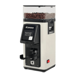 The Rancilio Stile SD Espresso Coffee Grinder in white is displayed with coffee beans inside. It features a digital display, black spout, and a red power switch at the base for precise grinding every time.