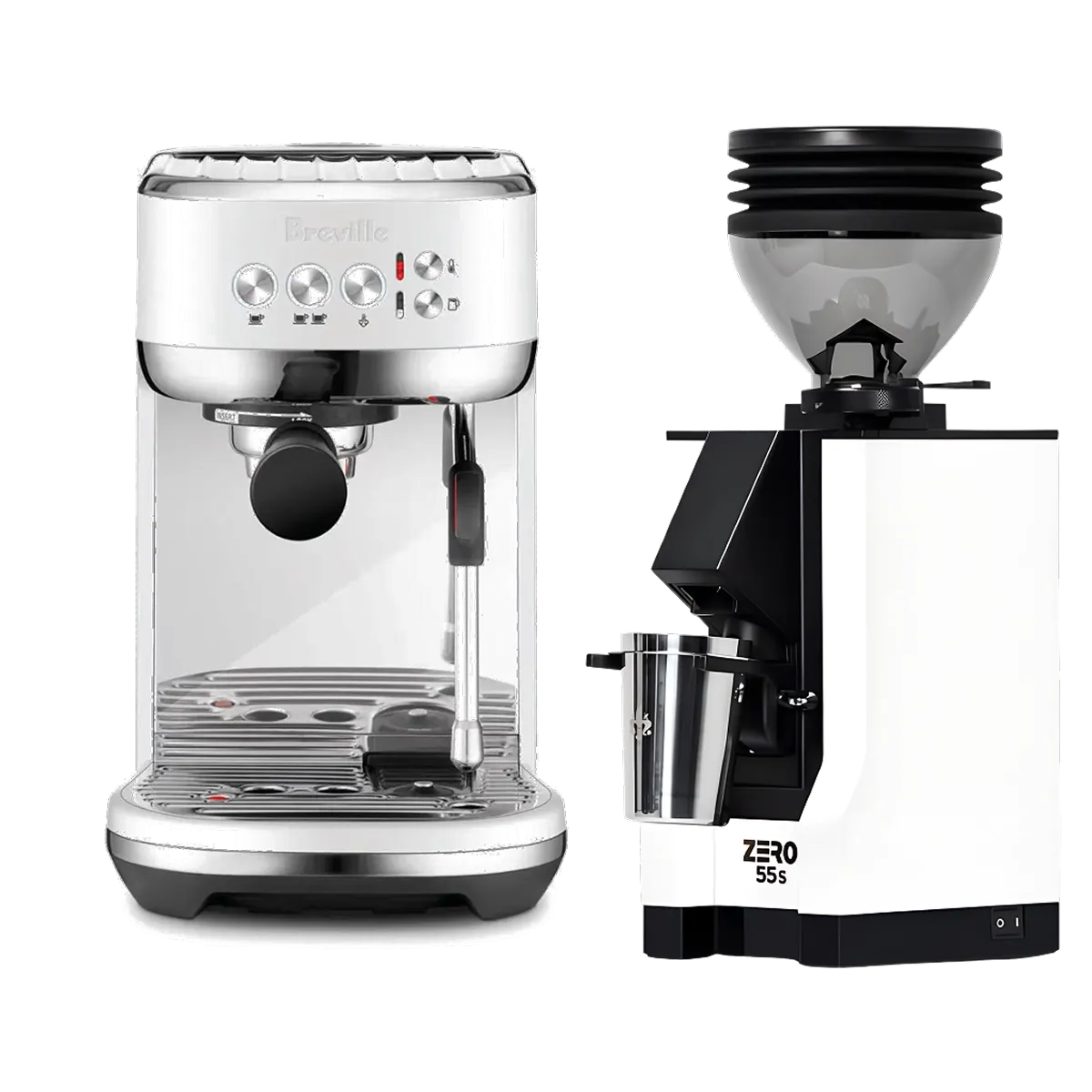 The Breville The Bambino Plus Espresso Machine BES500SST (Sea Salt) and the Eureka Mignon Zero 55s Single Dose Coffee Grinder (White), from Breville, are arranged side by side against a light background.