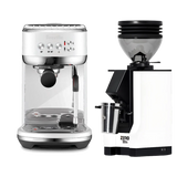 The Breville The Bambino Plus Espresso Machine BES500SST (Sea Salt) and the Eureka Mignon Zero 55s Single Dose Coffee Grinder (White), from Breville, are arranged side by side against a light background.