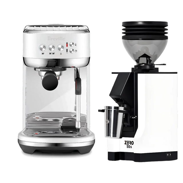 The Breville The Bambino Plus Espresso Machine BES500SST (Sea Salt) and the Eureka Mignon Zero 55s Single Dose Coffee Grinder (White), from Breville, are arranged side by side against a light background.