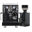 An ECM Mechanika Max Espresso Machine (Black) and a Eureka Mignon Zero 55s Single Dose Coffee Grinder (Matte Black) from ECM are elegantly displayed as a bundle on a white background, with the grinder filled with fresh coffee beans and the machine featuring dual pressure gauges.