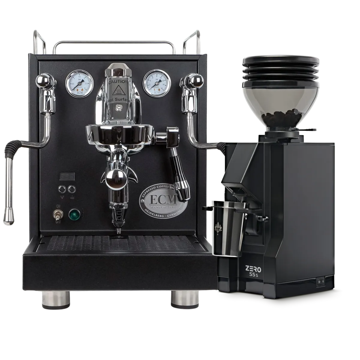 An ECM Mechanika Max Espresso Machine (Black) and a Eureka Mignon Zero 55s Single Dose Coffee Grinder (Matte Black) from ECM are elegantly displayed as a bundle on a white background, with the grinder filled with fresh coffee beans and the machine featuring dual pressure gauges.